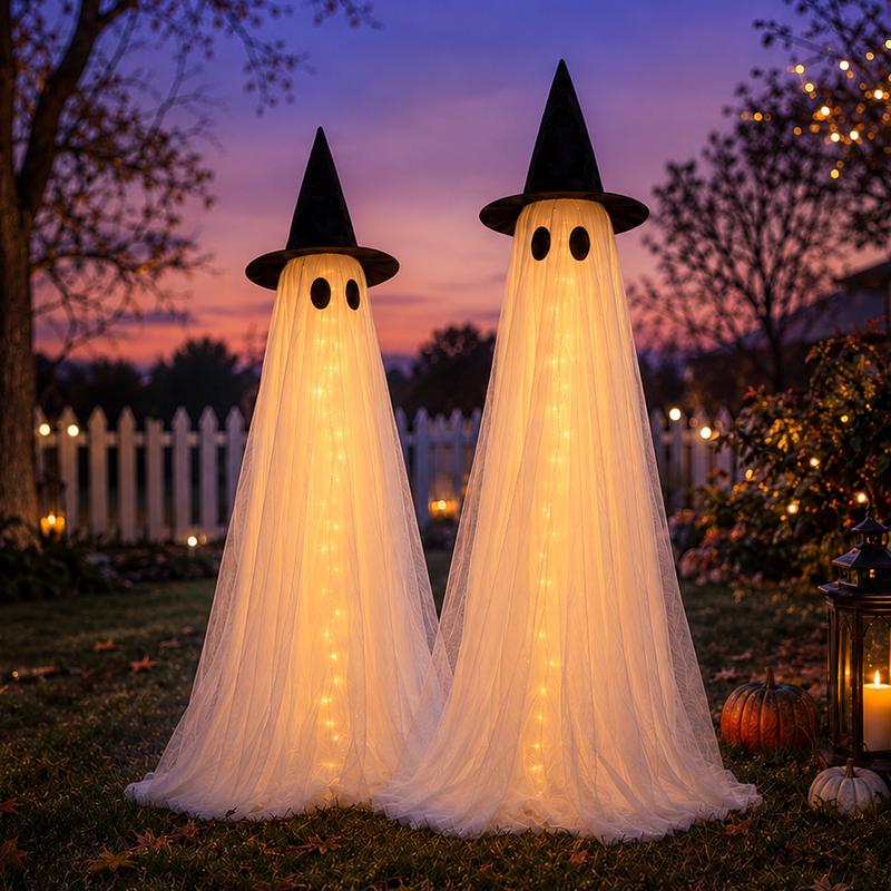 Set da 2 fantasmi luminosi di Halloween (altezza 1,5 m): decorazioni resistenti al vento per interni ed esterni, complete di luci a stringa, sacche d'acqua e cappelli; ideali per portico, giardino e feste.