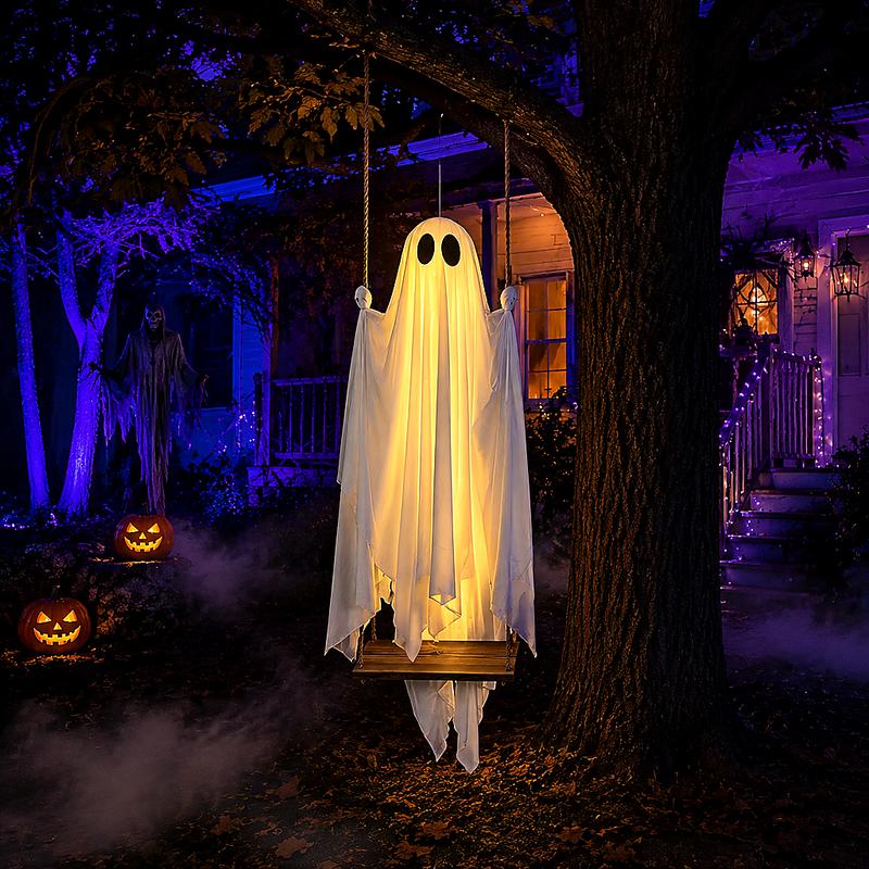 Decorazioni di Halloween da esterno - Grande fantasma sospeso su altalena (1,5 m) con luci a stringa e telecomando; decorazione spaventosa per feste di Halloween all'aperto, ideale per alberi, portici, cortili e giardini.