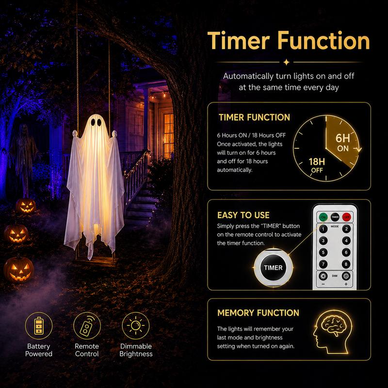 Decorazioni di Halloween da esterno - Grande fantasma sospeso su altalena (1,5 m) con luci a stringa e telecomando; decorazione spaventosa per feste di Halloween all'aperto, ideale per alberi, portici, cortili e giardini.
