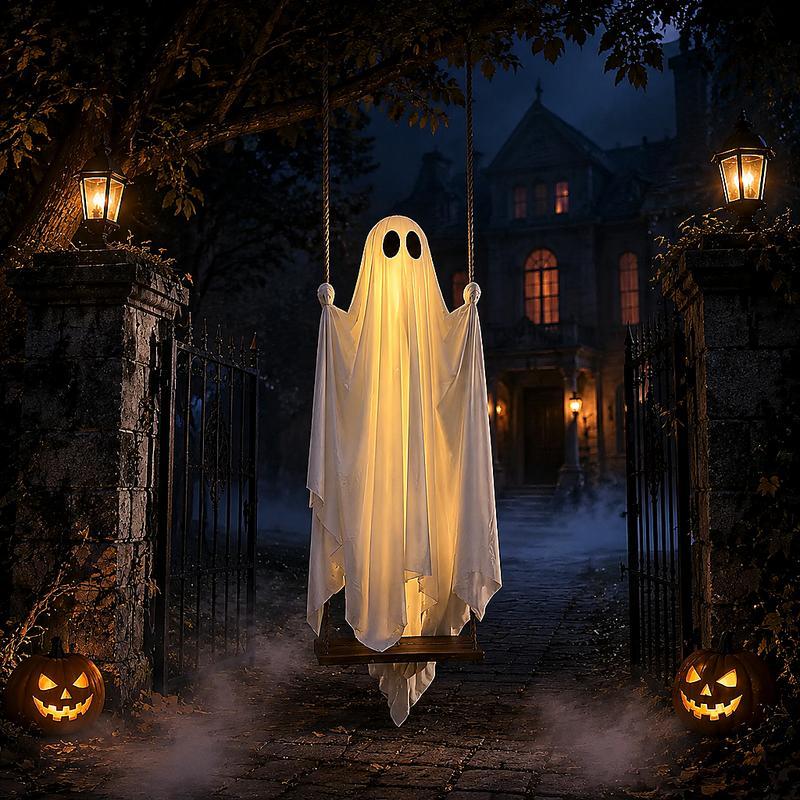 Decorazioni di Halloween da esterno - Grande fantasma sospeso su altalena (1,5 m) con luci a stringa e telecomando; decorazione spaventosa per feste di Halloween all'aperto, ideale per alberi, portici, cortili e giardini.