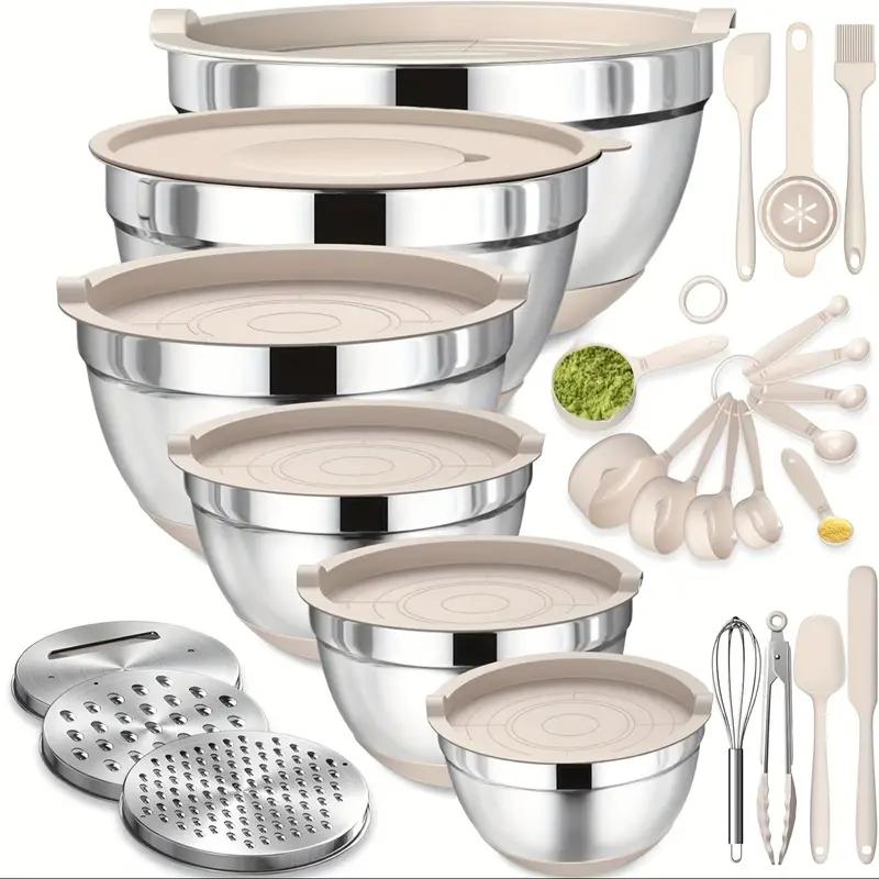 Set di ciotole da miscelazione in acciaio inox 26 pezzi con coperchi ermetici & accessorio per pelapatate, fondo antiscivolo, 5QT-1.5QT per miscelare & servire, senza BPA, lavabile in lavastoviglie, per la cucina