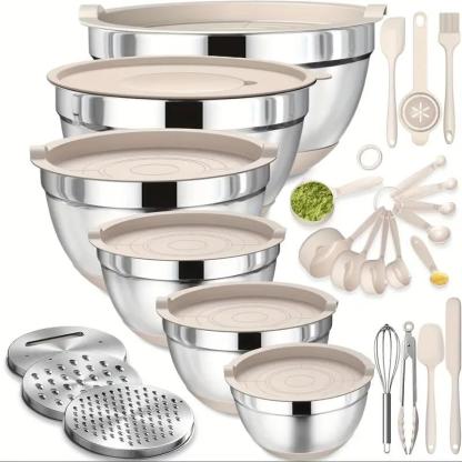 Set di ciotole da miscelazione in acciaio inox 26 pezzi con coperchi ermetici & accessorio per pelapatate, fondo antiscivolo, 5QT-1.5QT per miscelare & servire, senza BPA, lavabile in lavastoviglie, per la cucina