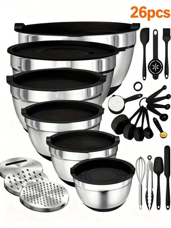 Set di ciotole da miscelazione in acciaio inox 26 pezzi con coperchi ermetici & accessorio per pelapatate, fondo antiscivolo, 5QT-1.5QT per miscelare & servire, senza BPA, lavabile in lavastoviglie, per la cucina