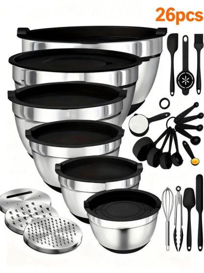 Set di ciotole da miscelazione in acciaio inox 26 pezzi con coperchi ermetici & accessorio per pelapatate, fondo antiscivolo, 5QT-1.5QT per miscelare & servire, senza BPA, lavabile in lavastoviglie, per la cucina