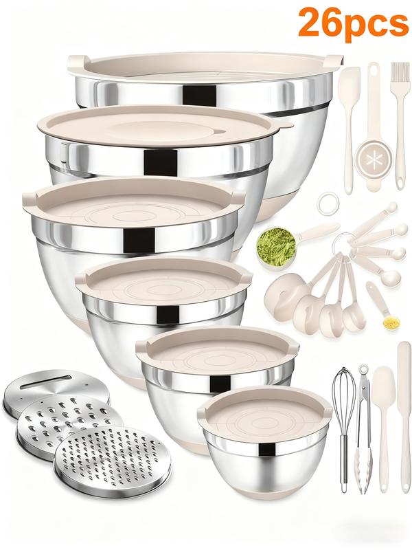 Set di ciotole da miscelazione in acciaio inox 26 pezzi con coperchi ermetici & accessorio per pelapatate, fondo antiscivolo, 5QT-1.5QT per miscelare & servire, senza BPA, lavabile in lavastoviglie, per la cucina