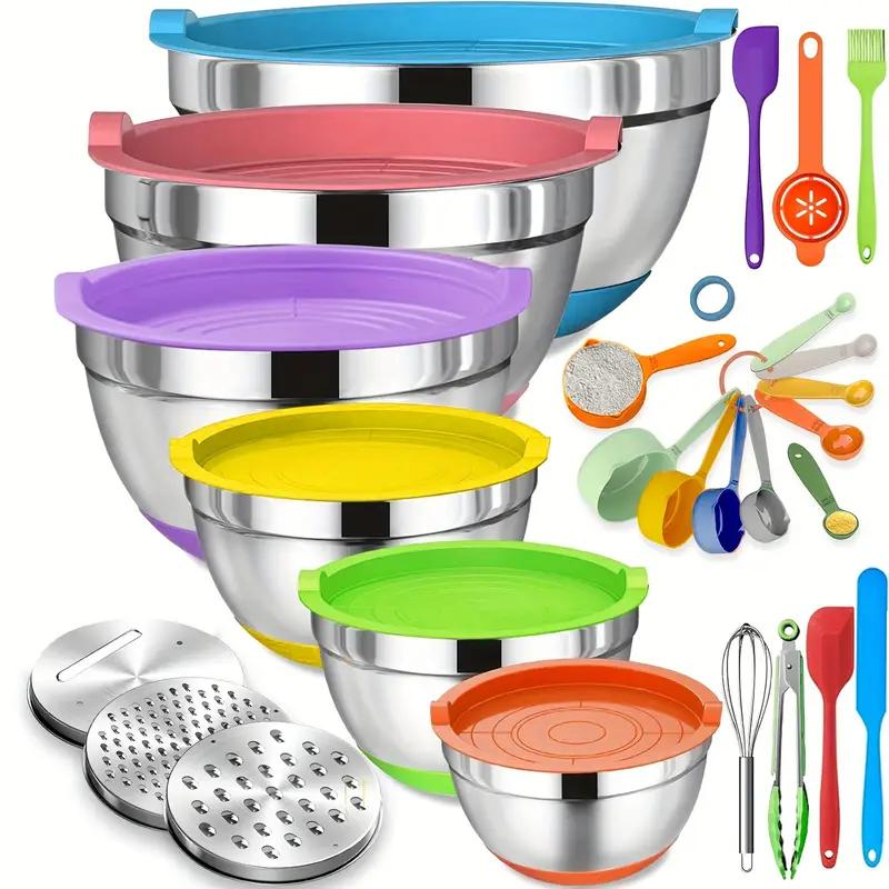 Set di ciotole da miscelazione in acciaio inox 26 pezzi con coperchi ermetici & accessorio per pelapatate, fondo antiscivolo, 5QT-1.5QT per miscelare & servire, senza BPA, lavabile in lavastoviglie, per la cucina