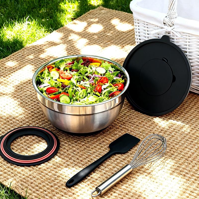 Set di ciotole da miscelazione in acciaio inox 26 pezzi con coperchi ermetici & accessorio per pelapatate, fondo antiscivolo, 5QT-1.5QT per miscelare & servire, senza BPA, lavabile in lavastoviglie, per la cucina