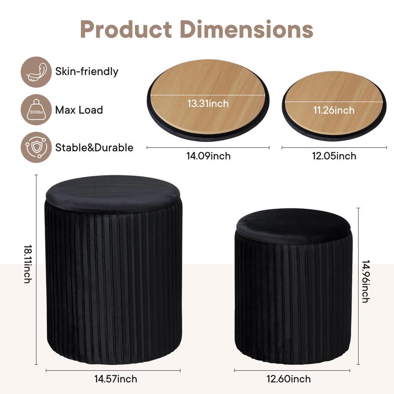 Set di 2 pouf contenitore rotondi pieghevoli in velluto - Poggiapiedi imbottito, struttura in legno resistente per un uso quotidiano, impilabile, sgabello da toeletta verde, mobile per piccoli spazi, arredamento per soggiorno pronto all'uso