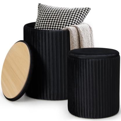Set di 2 pouf contenitore rotondi pieghevoli in velluto - Poggiapiedi imbottito, struttura in legno resistente per un uso quotidiano, impilabile, sgabello da toeletta verde, mobile per piccoli spazi, arredamento per soggiorno pronto all'uso
