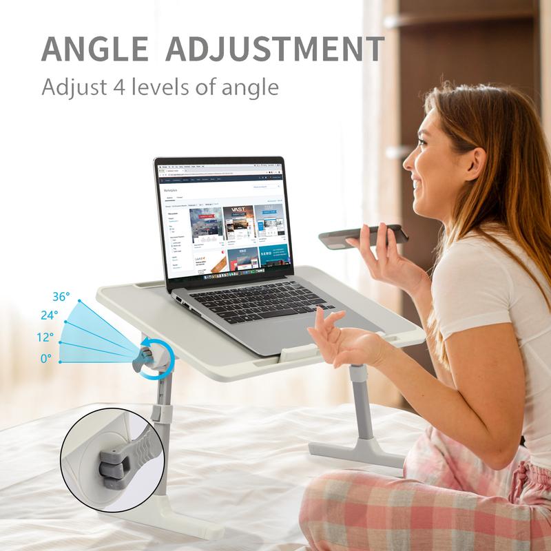 Tavolino da letto regolabile con 3 porte USB, supporto per laptop da letto con mini ventilatore/luce, tavolino pieghevole per laptop con cassetto portaoggetti