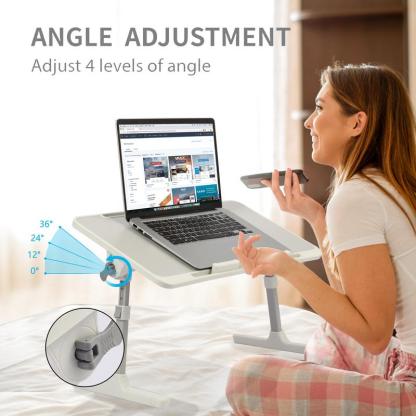 Tavolino da letto regolabile con 3 porte USB, supporto per laptop da letto con mini ventilatore/luce, tavolino pieghevole per laptop con cassetto portaoggetti