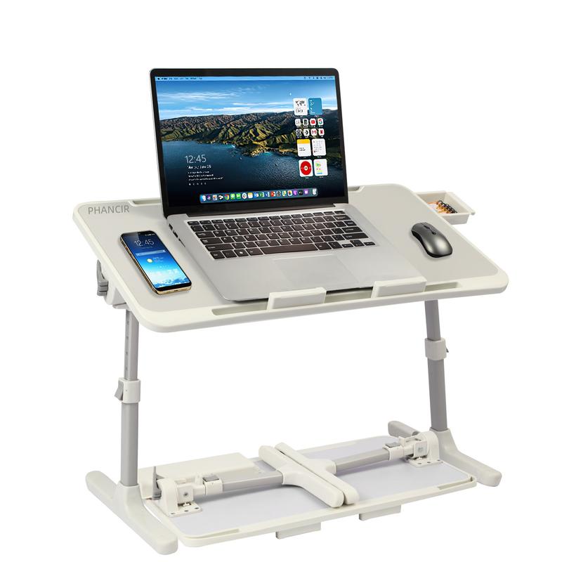 Tavolino da letto regolabile con 3 porte USB, supporto per laptop da letto con mini ventilatore/luce, tavolino pieghevole per laptop con cassetto portaoggetti