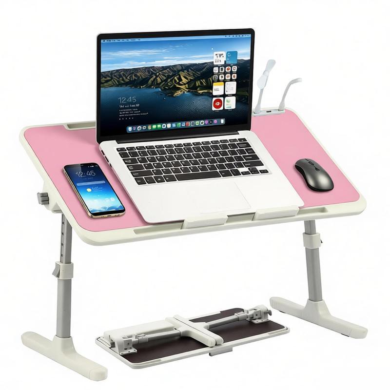 Tavolino da letto regolabile con 3 porte USB, supporto per laptop da letto con mini ventilatore/luce, tavolino pieghevole per laptop con cassetto portaoggetti