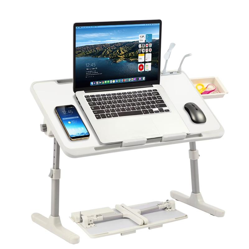Tavolino da letto regolabile con 3 porte USB, supporto per laptop da letto con mini ventilatore/luce, tavolino pieghevole per laptop con cassetto portaoggetti