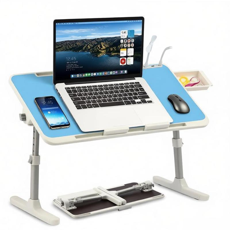 Tavolino da letto regolabile con 3 porte USB, supporto per laptop da letto con mini ventilatore/luce, tavolino pieghevole per laptop con cassetto portaoggetti