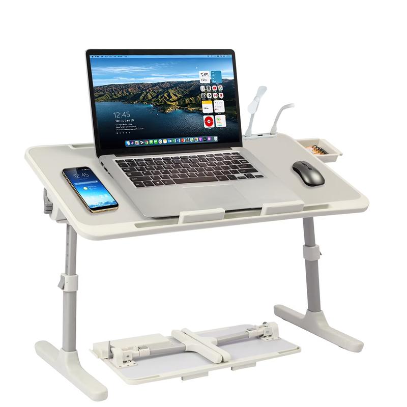 Tavolino da letto regolabile con 3 porte USB, supporto per laptop da letto con mini ventilatore/luce, tavolino pieghevole per laptop con cassetto portaoggetti