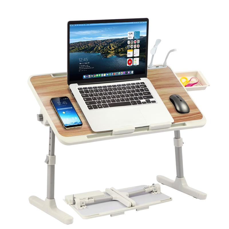 Tavolino da letto regolabile con 3 porte USB, supporto per laptop da letto con mini ventilatore/luce, tavolino pieghevole per laptop con cassetto portaoggetti