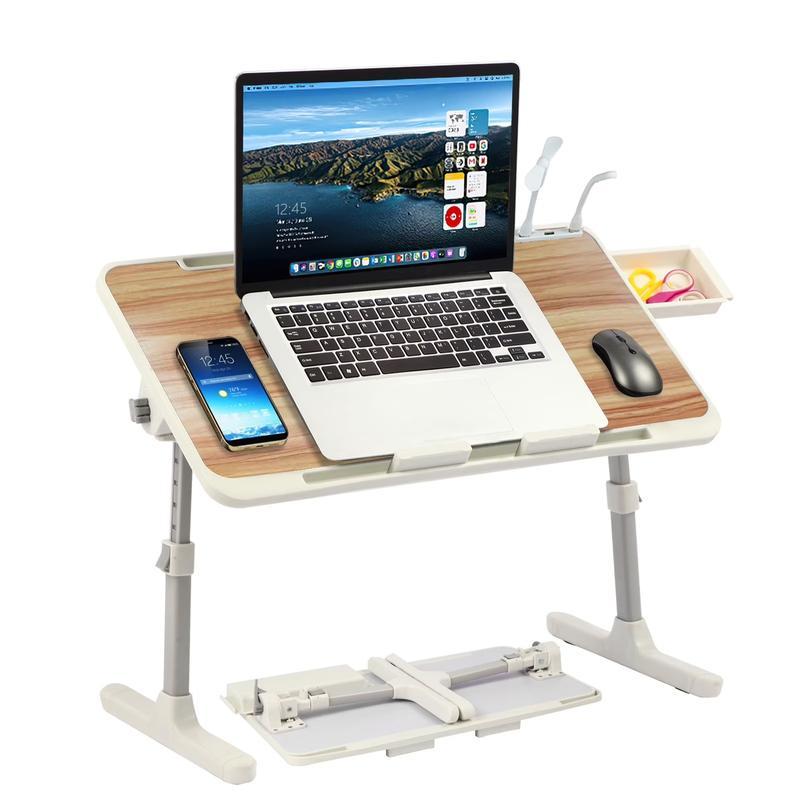 Tavolino da letto regolabile con 3 porte USB, supporto per laptop da letto con mini ventilatore/luce, tavolino pieghevole per laptop con cassetto portaoggetti