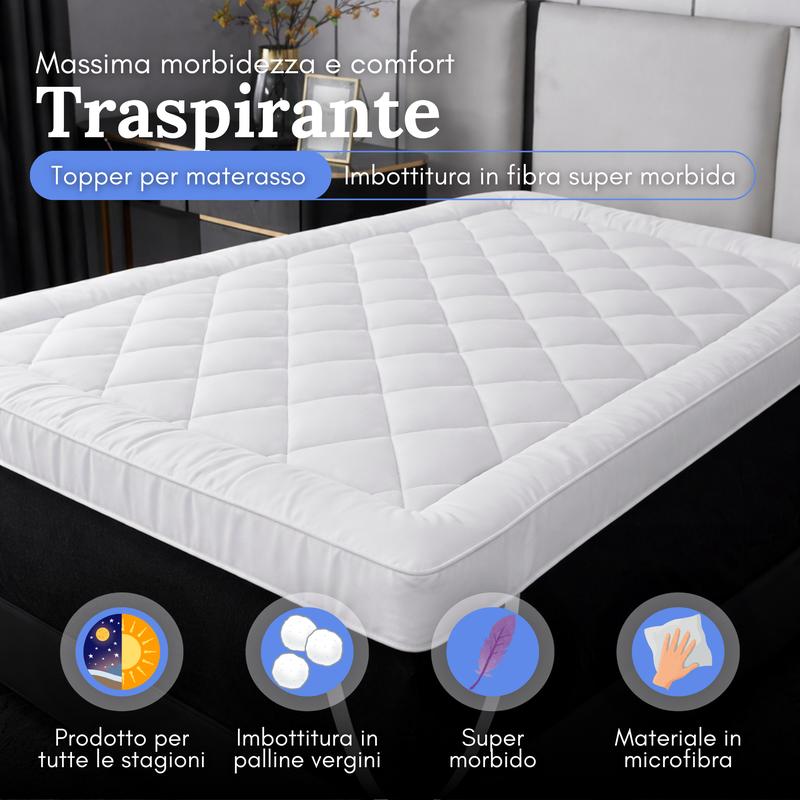 Topper per Materasso confortevole con imbottitura in fibra cava da 1000 GSM, ipoallergenico e resistente, spessore 10 cm, rivestimento protettivo in microfibra e 4 angoli elasticizzati -topper matrimoniale