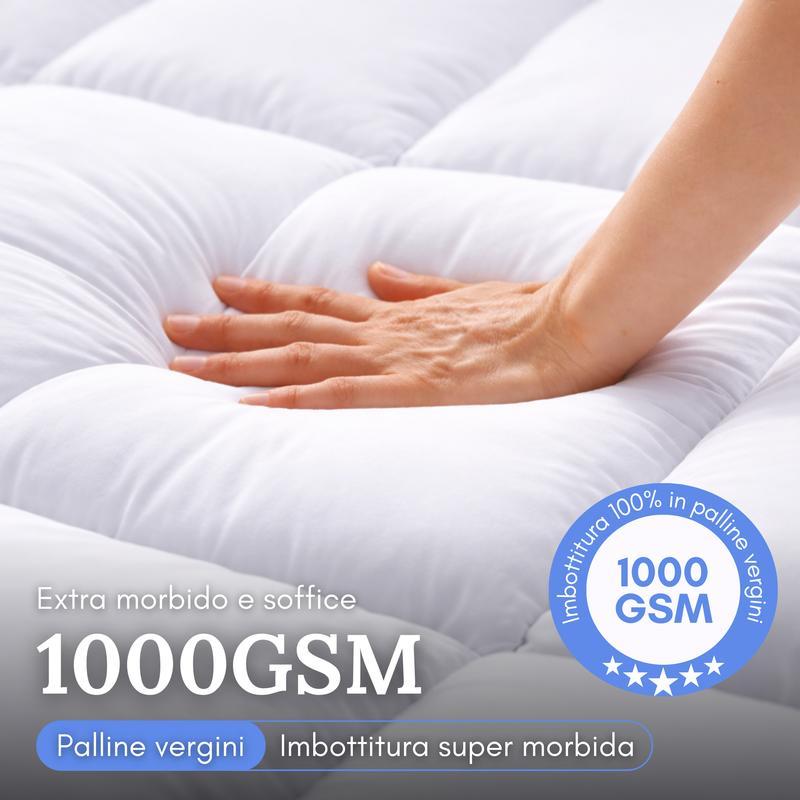 Topper per Materasso confortevole con imbottitura in fibra cava da 1000 GSM, ipoallergenico e resistente, spessore 10 cm, rivestimento protettivo in microfibra e 4 angoli elasticizzati -topper matrimoniale