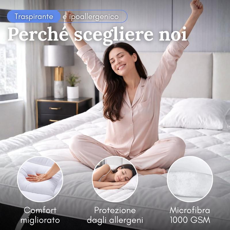 Topper per Materasso confortevole con imbottitura in fibra cava da 1000 GSM, ipoallergenico e resistente, spessore 10 cm, rivestimento protettivo in microfibra e 4 angoli elasticizzati -topper matrimoniale