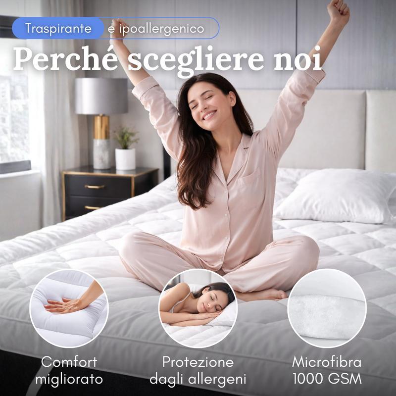 Topper per Materasso confortevole con imbottitura in fibra cava da 1000 GSM, ipoallergenico e resistente, spessore 10 cm, rivestimento protettivo in microfibra e 4 angoli elasticizzati -topper matrimoniale