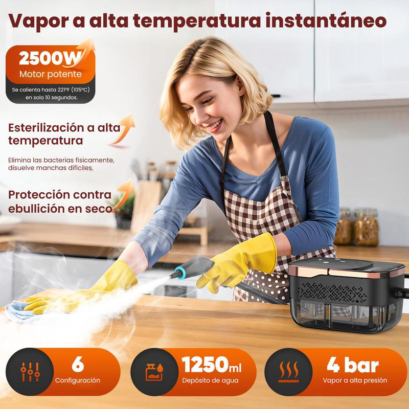 Pulitore a vapore Vaporeta per la pulizia domestica, potente, portatile da mano, 2500 W, con 6 velocità e 3 tipi di spazzole per mobili della cucina e bagni, alta temperatura 229°F