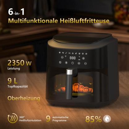 Friggitrice ad aria potente da 9 L XXL con finestra di vetro - friggitrice ad aria da 2350 W con circolazione d'aria a 360°, 9 programmi automatici