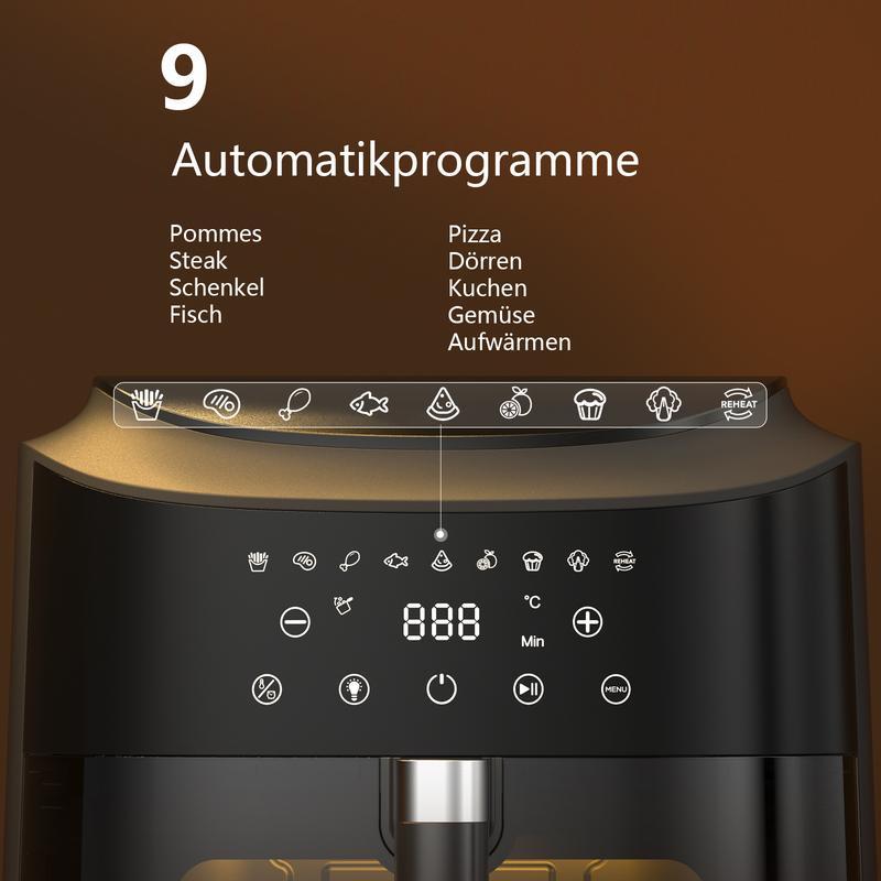 Friggitrice ad aria potente da 9 L XXL con finestra di vetro - friggitrice ad aria da 2350 W con circolazione d'aria a 360°, 9 programmi automatici