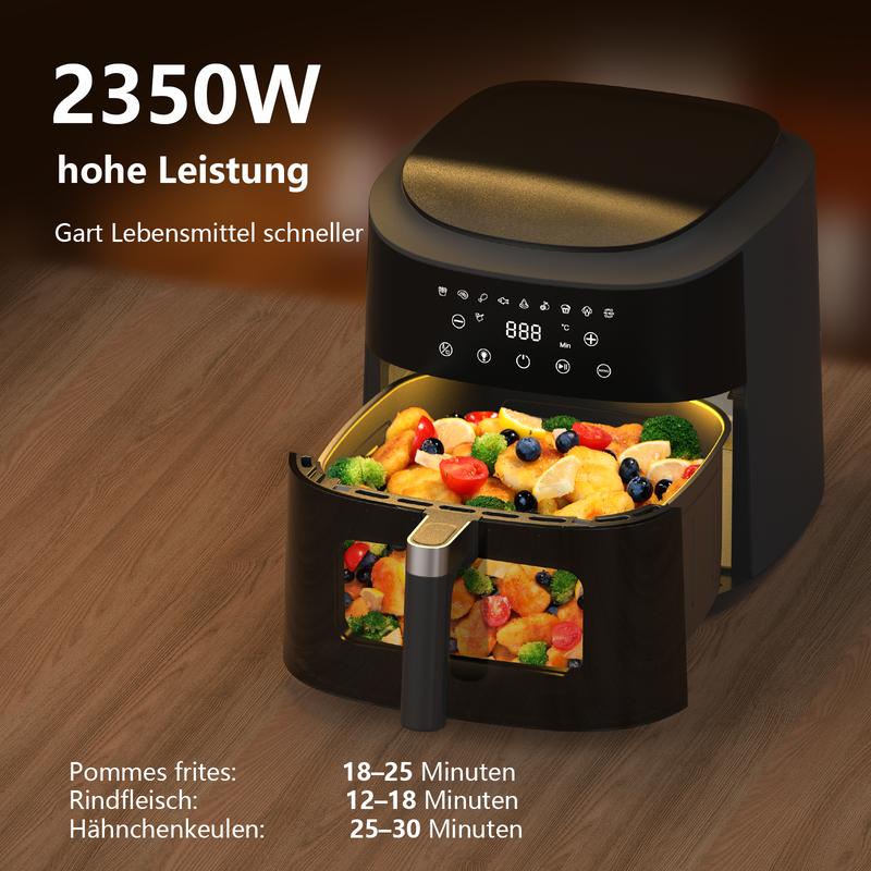 Friggitrice ad aria potente da 9 L XXL con finestra di vetro - friggitrice ad aria da 2350 W con circolazione d'aria a 360°, 9 programmi automatici