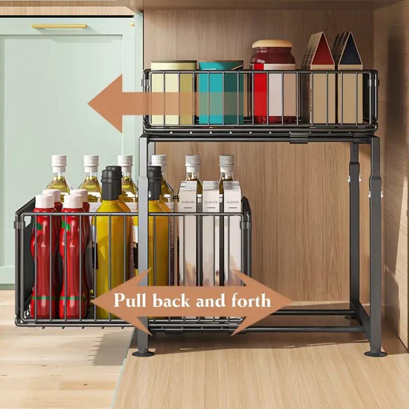 Organizer Estraibile a 2 Livelli per Sottolavello e Armadietti da Cucina, Cassetto Scorrevole, Grande Capacità, Ripiani Regolabili, Ideale per Spezie, Detergenti e Accessori da Cucina