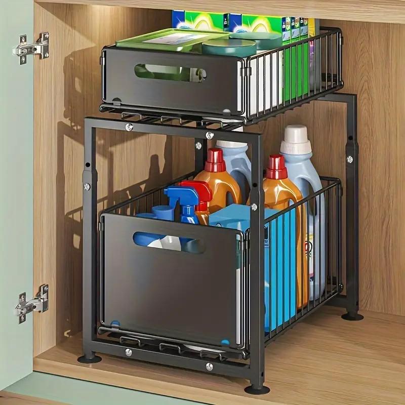Organizer Estraibile a 2 Livelli per Sottolavello e Armadietti da Cucina, Cassetto Scorrevole, Grande Capacità, Ripiani Regolabili, Ideale per Spezie, Detergenti e Accessori da Cucina