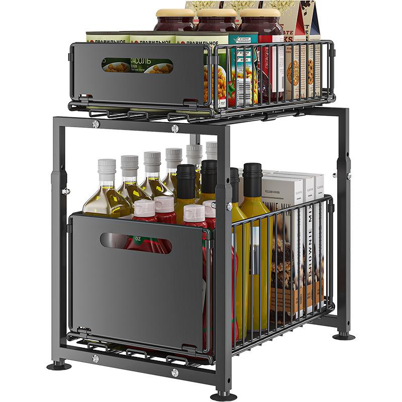 Organizer Estraibile a 2 Livelli per Sottolavello e Armadietti da Cucina, Cassetto Scorrevole, Grande Capacità, Ripiani Regolabili, Ideale per Spezie, Detergenti e Accessori da Cucina