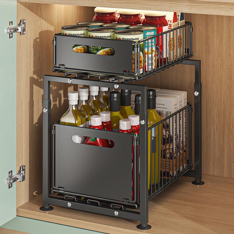 Organizer Estraibile a 2 Livelli per Sottolavello e Armadietti da Cucina, Cassetto Scorrevole, Grande Capacità, Ripiani Regolabili, Ideale per Spezie, Detergenti e Accessori da Cucina