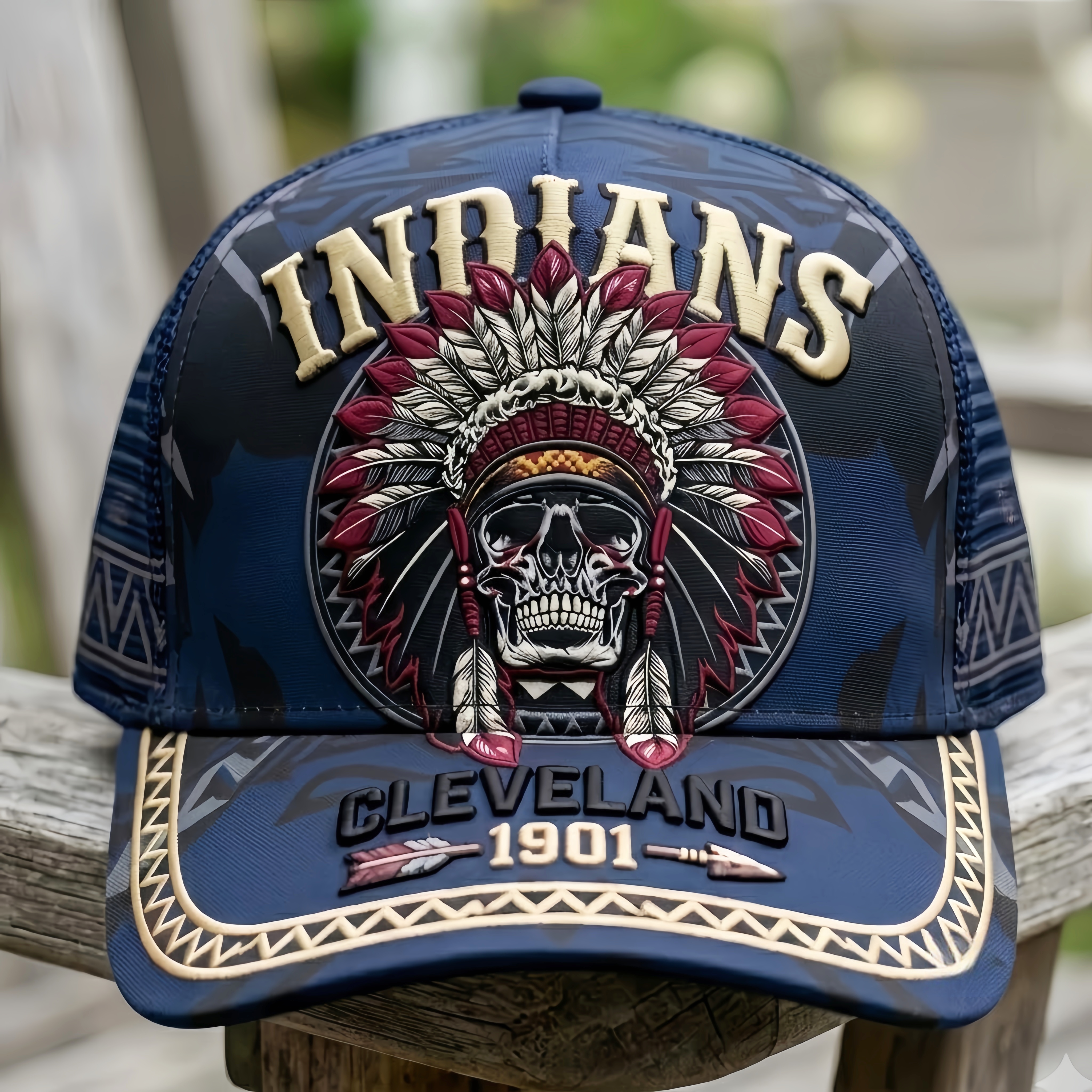 Cleveland Indians Skull Chief Headdress Baseball Cap