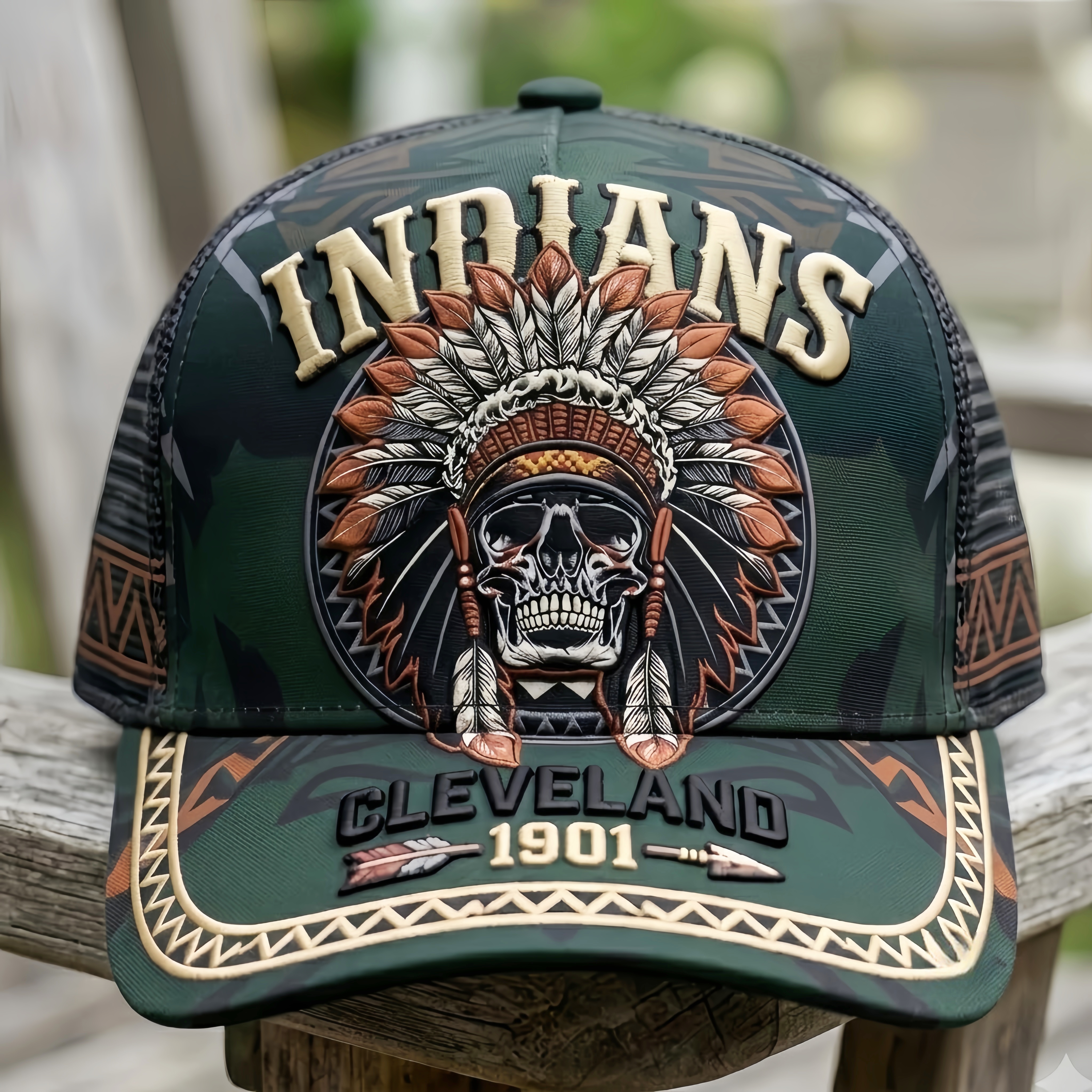 Cleveland Indians Skull Chief Headdress Baseball Cap