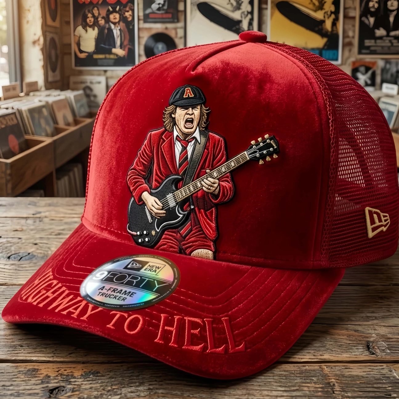 AC/DC Highway to Hell Angus Young Embroidered Red Velvet Trucker Hat