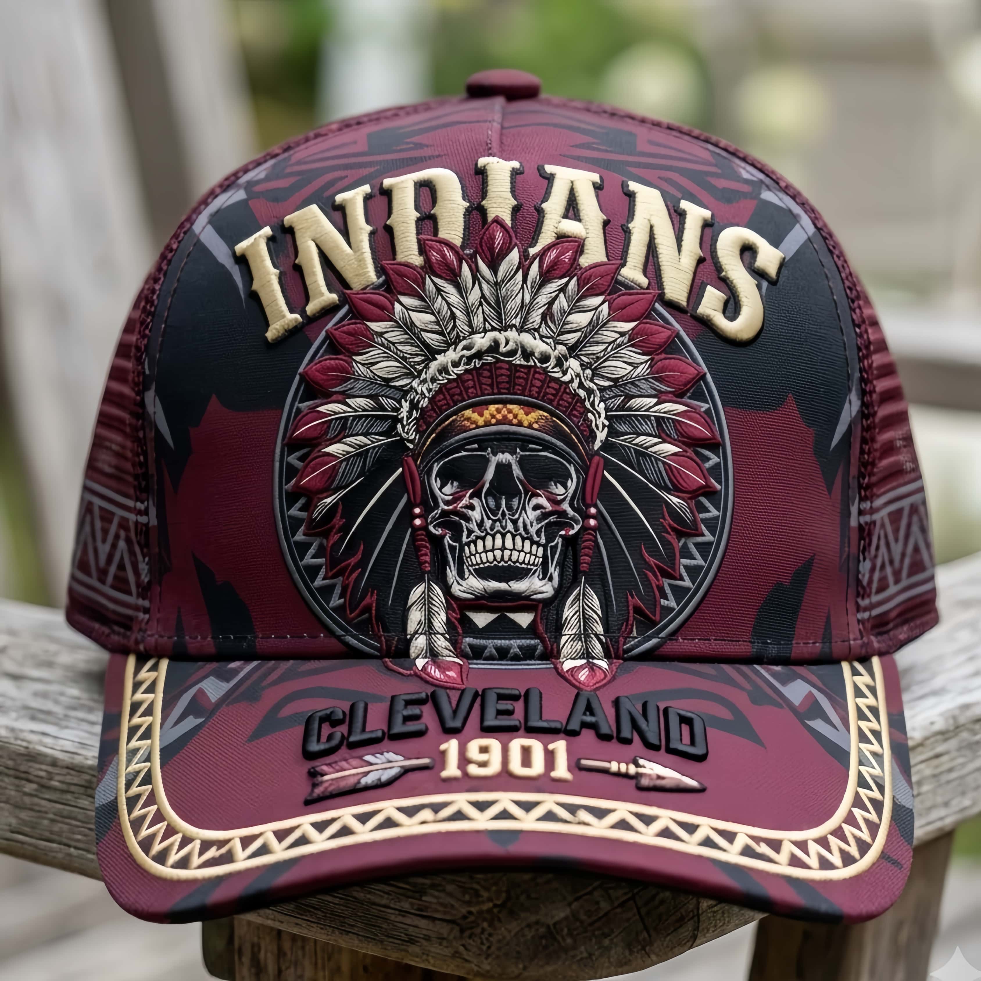 Cleveland Indians Skull Chief Headdress Baseball Cap