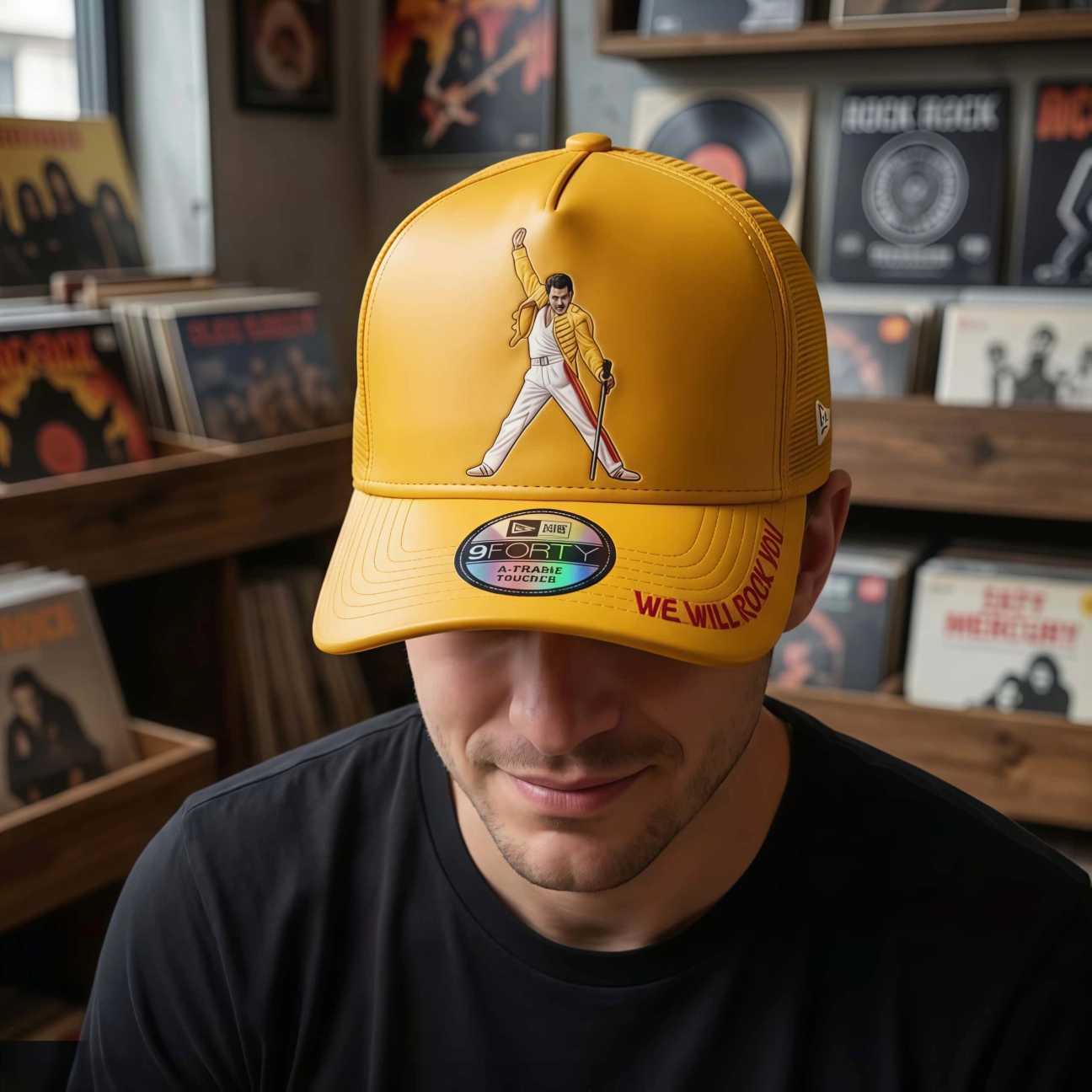 Queen Freddie Mercury Embroidered Yellow Leather Trucker Hat