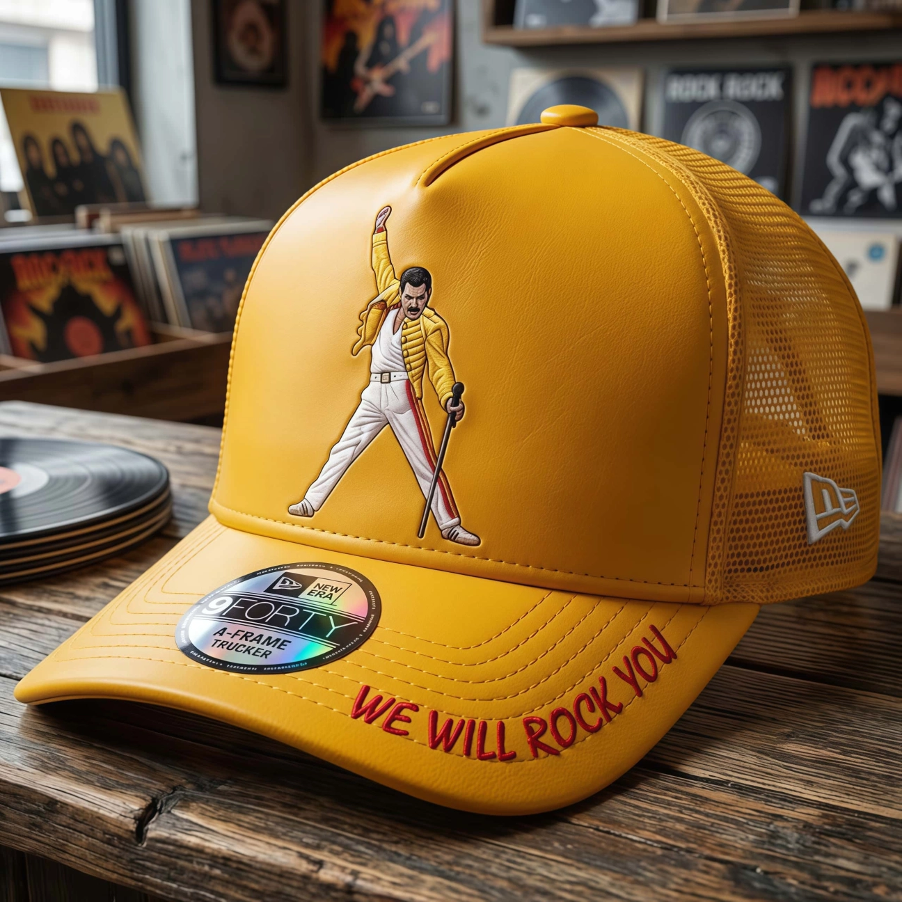 Queen Freddie Mercury Embroidered Yellow Leather Trucker Hat