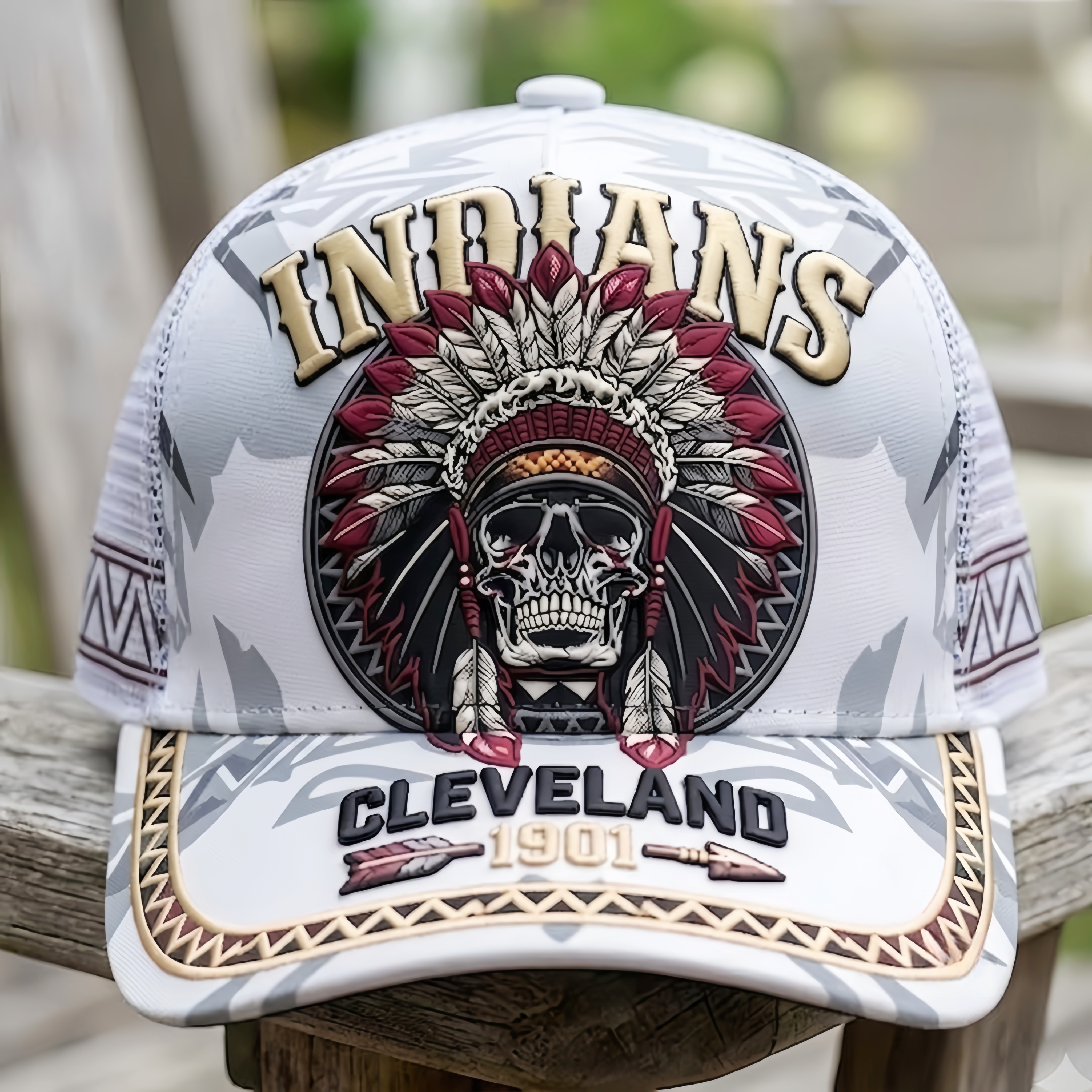 Cleveland Indians Skull Chief Headdress Baseball Cap