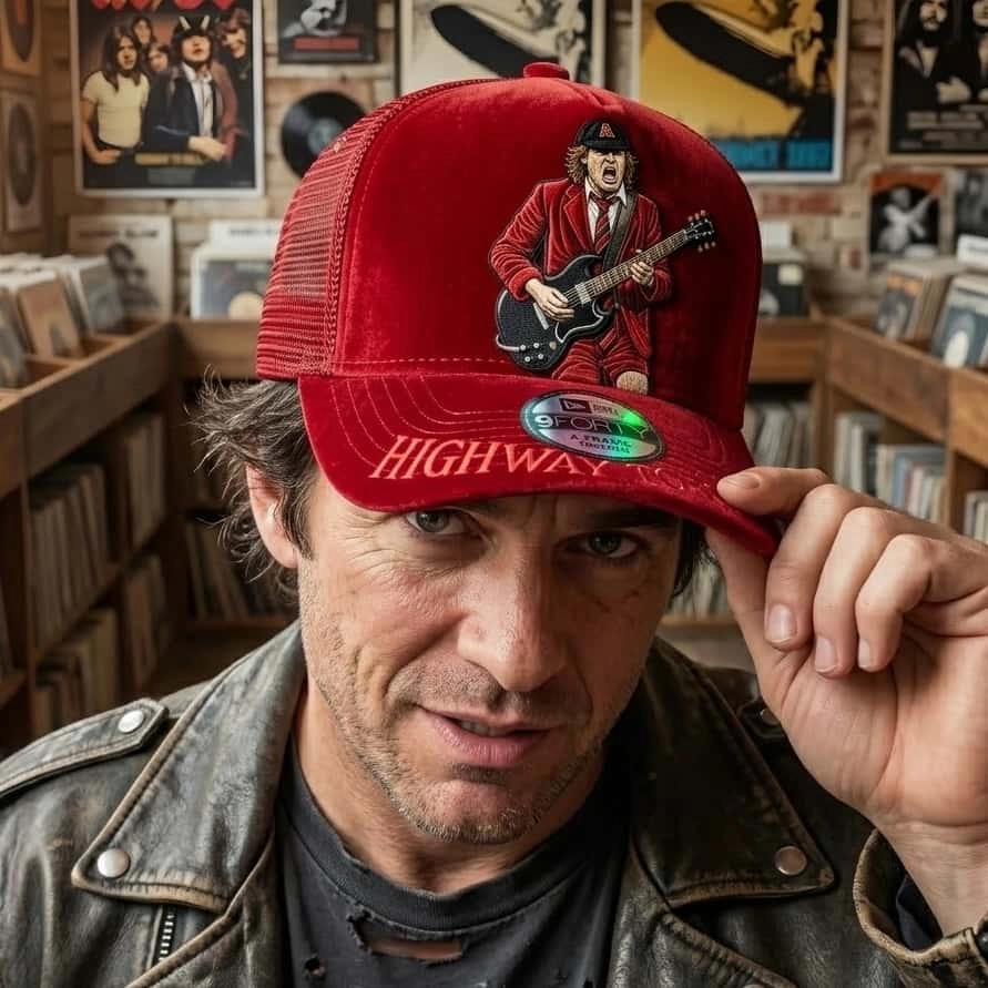 AC/DC Highway to Hell Angus Young Embroidered Red Velvet Trucker Hat