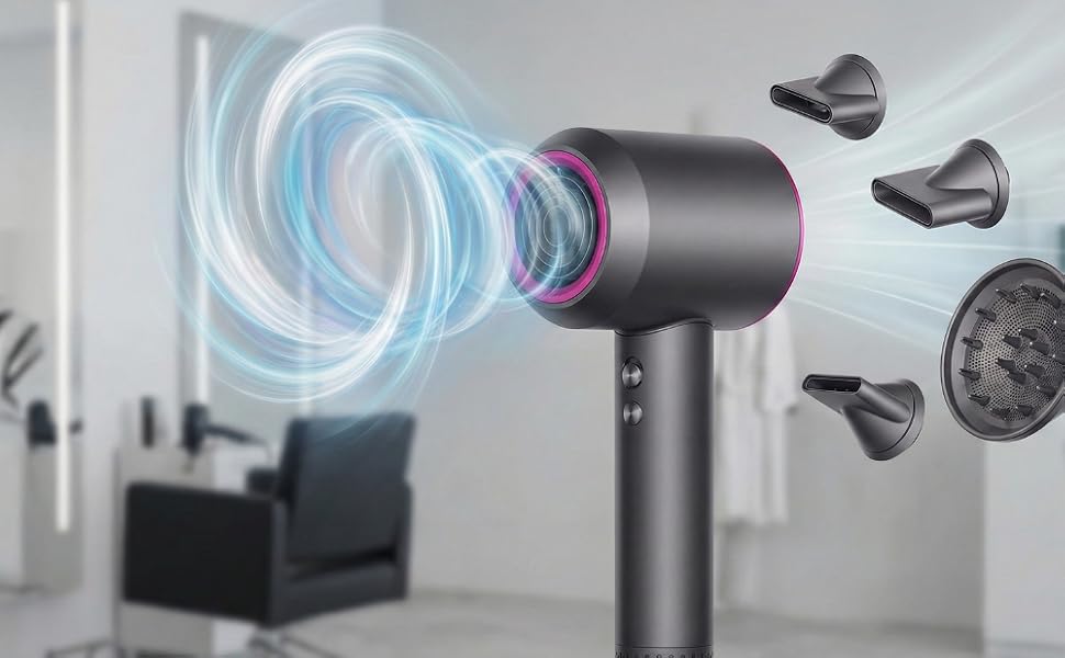 Serie de fotograf&iacute;as de productos que muestran un dispositivo electr&oacute;nico port&aacute;til con anillos azules iluminados y detalles morados sobre un fondo blanco, que muestran el funcionamiento inal&aacute;mbrico.