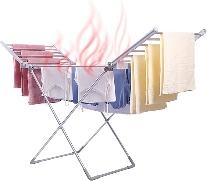 Tendedero Eléctrico Calefactable Plegable de 20 Barras, Bajo Consumo Energético, con Alas Extensibles para Secado de Ropa en Interiores, Color Plata
