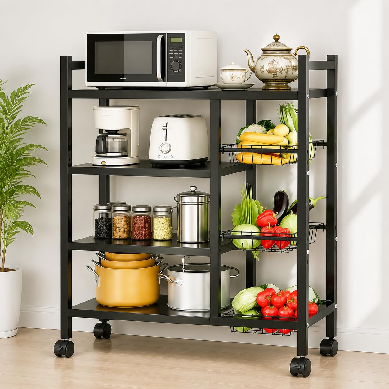 Carro de Cocina con Ruedas 4 Niveles Ajustables | 3 Cestas Metálicas para Microondas