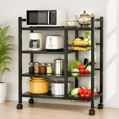 Carro de Cocina con Ruedas 4 Niveles Ajustables | 3 Cestas Metálicas para Microondas