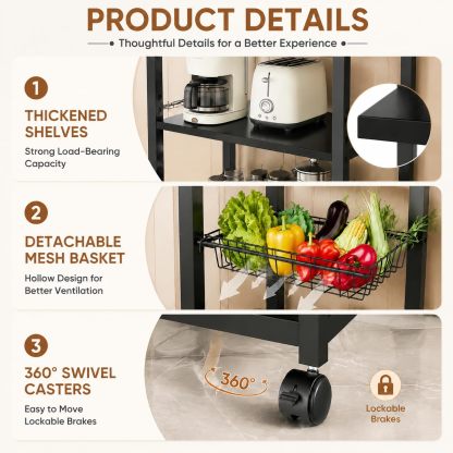 Carro de Cocina con Ruedas 4 Niveles Ajustables | 3 Cestas Metálicas para Microondas