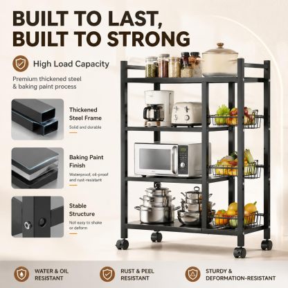 Carro de Cocina con Ruedas 4 Niveles Ajustables | 3 Cestas Metálicas para Microondas