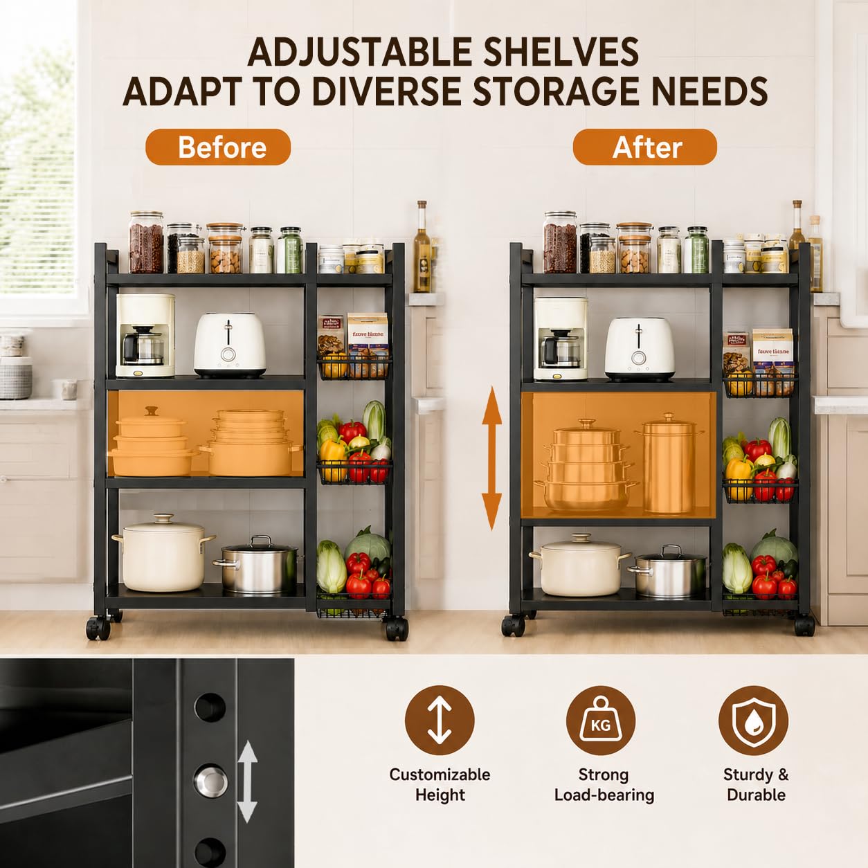 Carro de Cocina con Ruedas 4 Niveles Ajustables | 3 Cestas Metálicas para Microondas