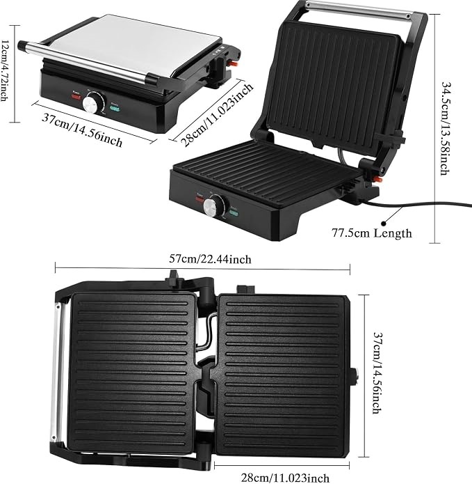 Parrilla Panini 2000W | Apertura 180° para 4 Porciones